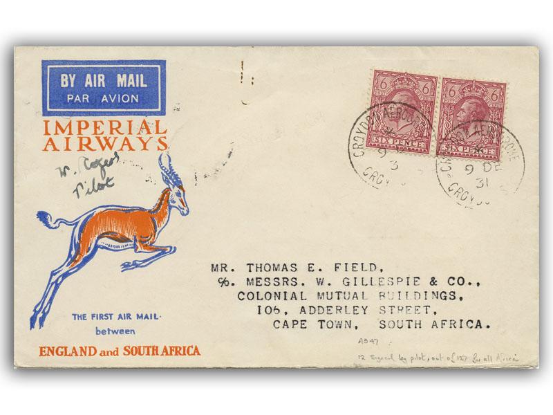 1931 Imperial Airways London - South Africa, Christmas Flight, Pilot Signed