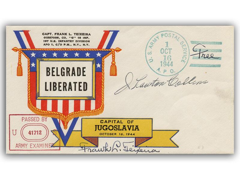 Joseph Lawton Collins, signed USA 1944 Belgrade Liberation cover