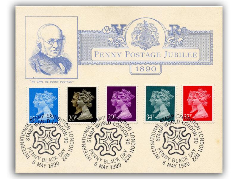 1890 Jubilee card, late usage 1990 Penny Black stamps, Stamp World International Stamp Exhibition special postmark