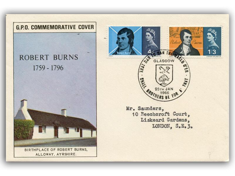 1966 Robert Burns, phosphor, Glasgow 38mm postmark