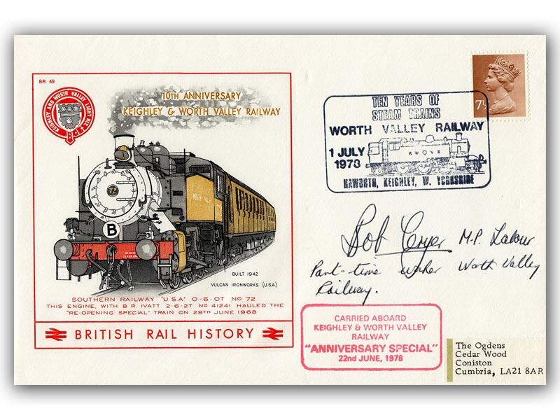 Bob Cryer, signed 1978 Worth valley Railway cover