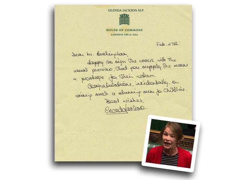 Glenda Jackson, signed handwritten letter House of Commons