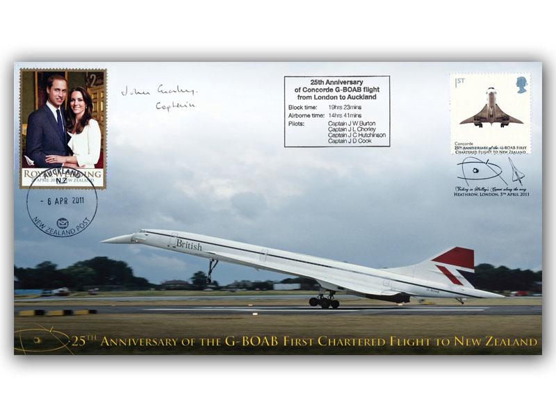 Concorde First Flight Auckland to London, 25th Anniversary, signed John Chorley + 6th April stamp