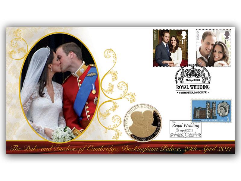 2011 Royal Wedding Coin Cover - The Kiss, stamps from miniature sheet