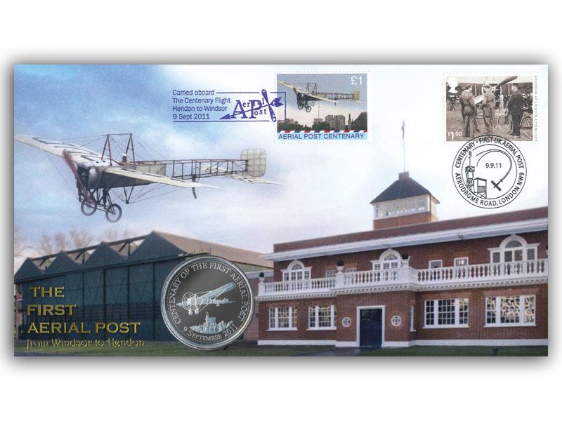 2011 Aerial Post Centenary - Windsor to Hendon Coin Cover, Aerodrome Road postmark and flown