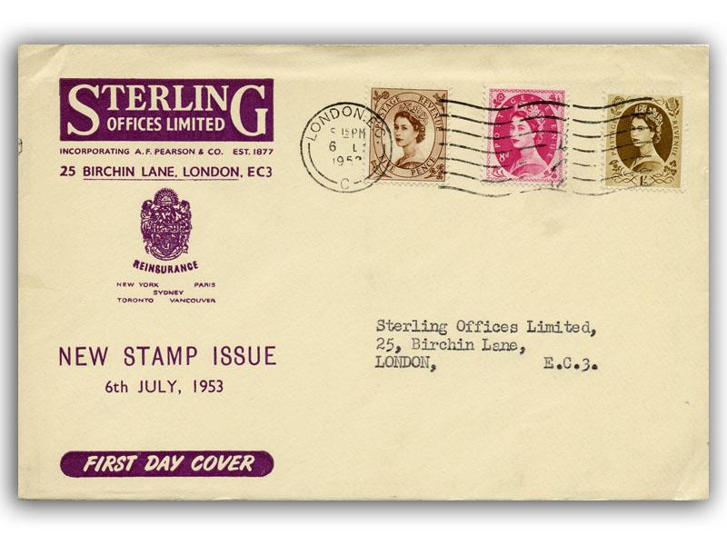 1953 5d, 8d, 1/- Wildings, Sterling Offices cover