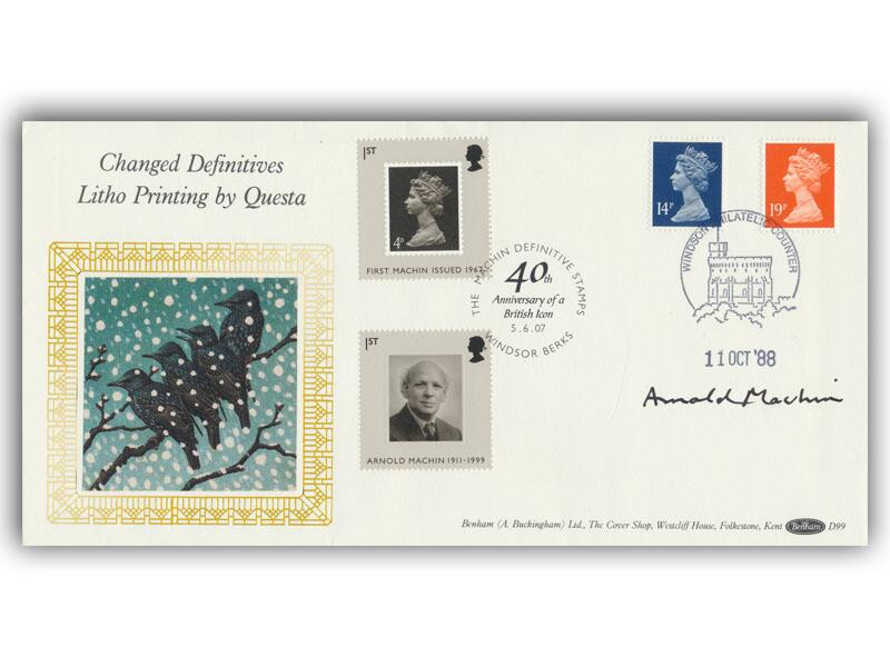 Arnold Machin, signed Benham Definitive cover of our choice doubled with the two Machin stamps from the 2007 40th anniversary of the Machin miniature sheet