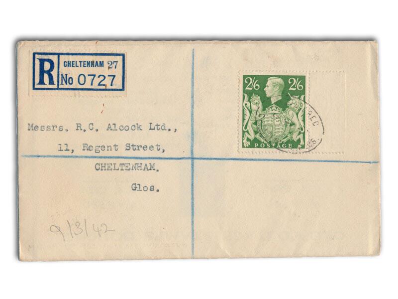 1942 2/6d Yellow Green, Cheltenham postmark