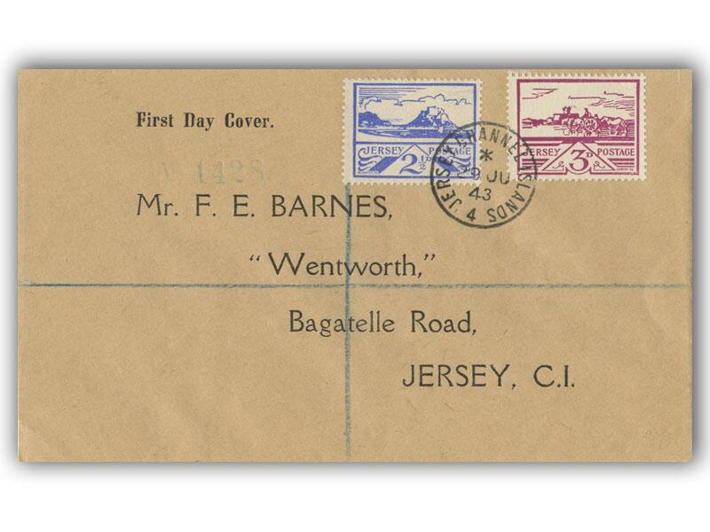 1943 2 1/2d & 3d Jersey Views, plain cover