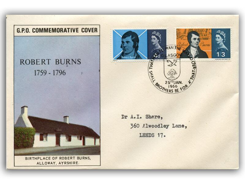 1966 Robert Burns, phosphor, Glasgow 34mm postmark
