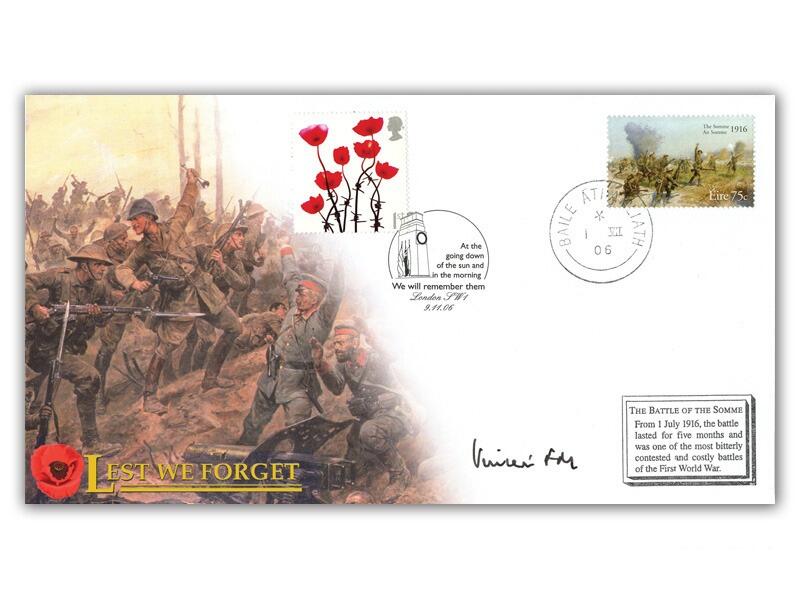 Lest We Forget - Battle of the Somme single stamp, signed by Field Marshall Vincent
