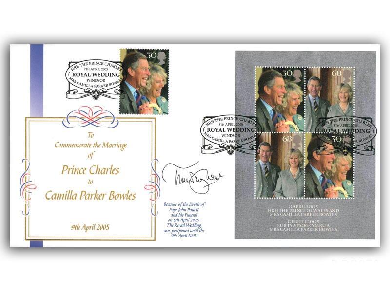 Royal Wedding  - The Prince of Wales & Camilla, miniature sheet, signed by Timothy West CBE