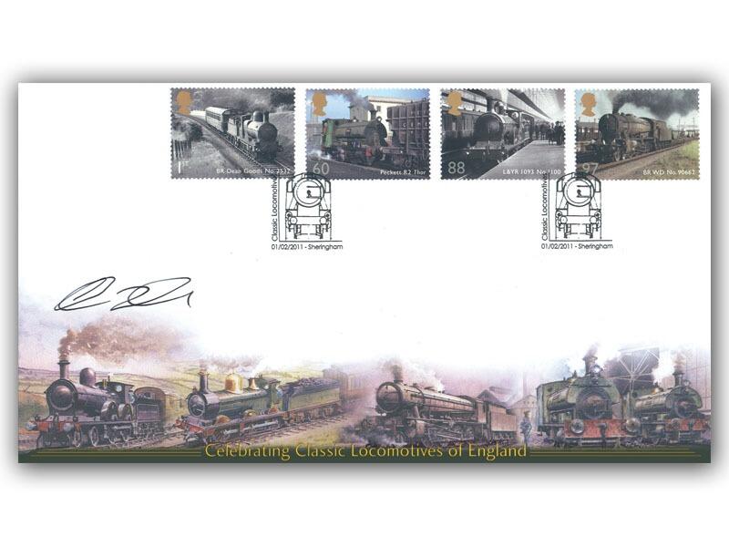 Classic Locos of England Miniature Sheet stamps, signed Professor Colin Divall