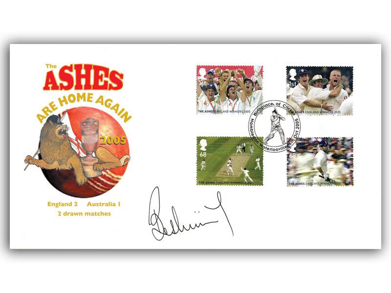 2005 England Ashes Win - Stamps from Miniature Sheet cover, signed by Bob Willis.