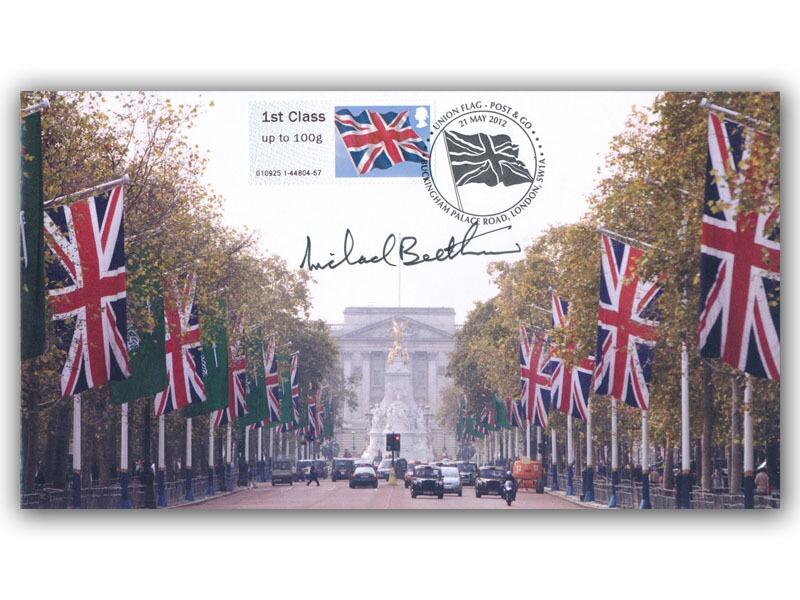 Post and Go - Union Flag Machine Stamp Cover Signed Sir Michael Beetham