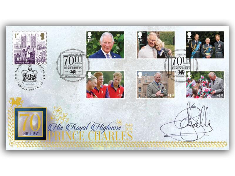 King Charles III 70th Birthday Stamps From Miniature Sheet, signed Ian Skelly, Coronation double dated