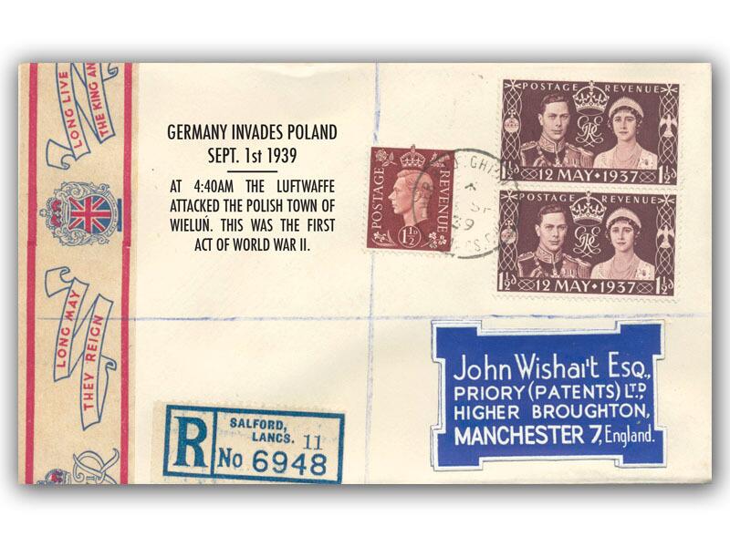 1939 Germany Invades Poland, John Wishart cover, Coronation stamps