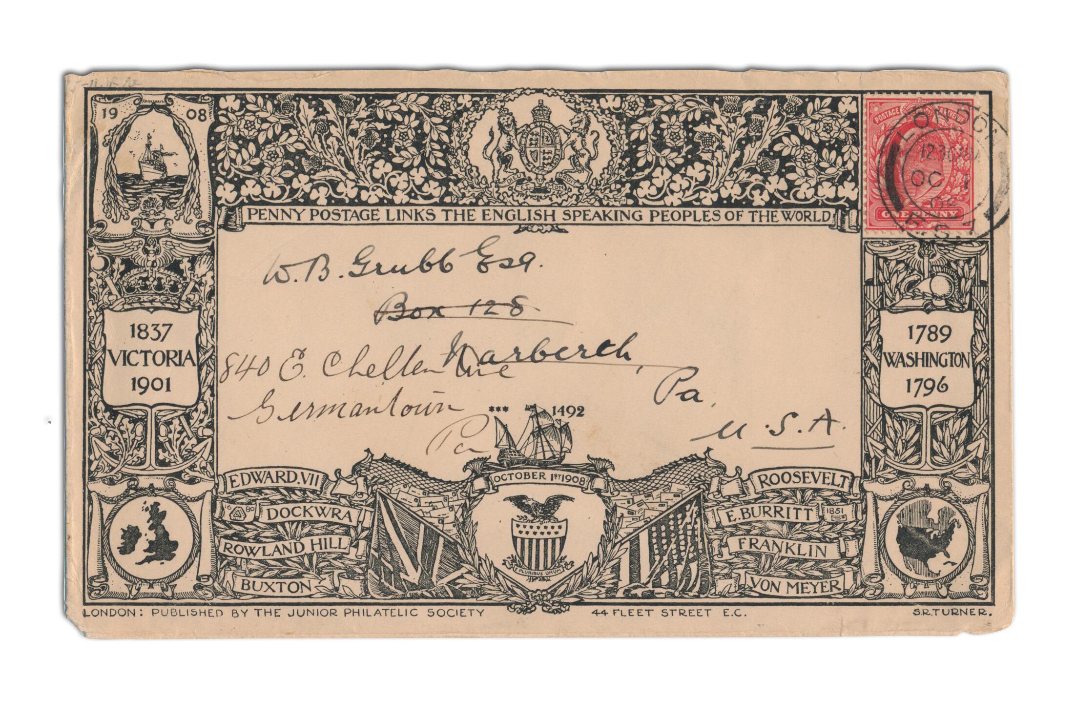 1908 Penny Post to USA, Junior Society, Pennsylvania address