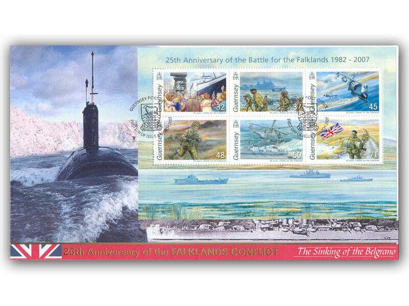 Falklands 25th Anniversary, Belgrano cover, Guernsey miniature sheet