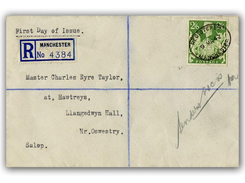 1942 2/6d Yellow Green, Manchester postmark