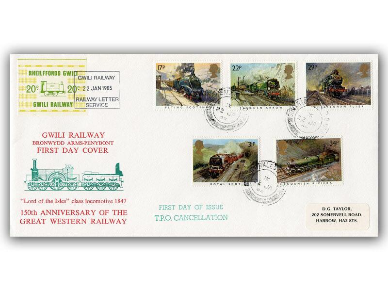 1985 Trains, South Wales TPO Up, Gwili Railway Lord of the Isles carried cover with 20p Railway Letter Stamp