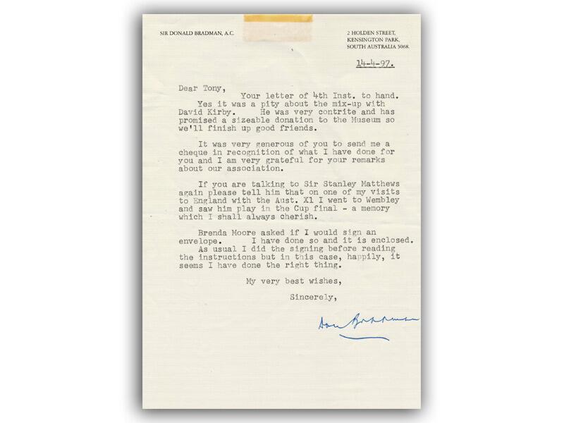 Sir Donald Bradman signed, typed letter
