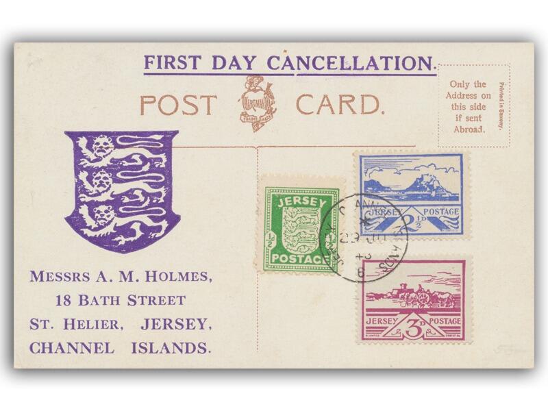 1943 2½d & 3d Jersey Views, Jersey CDS, Holmes Postcard front