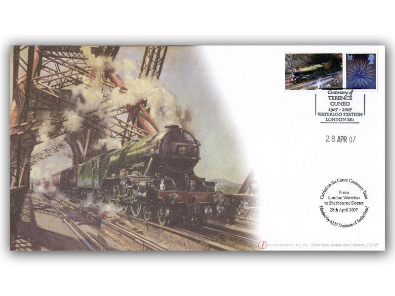 Terence Cuneo centenary cover carried on the centenary train. (King Class image on label). Carried onboard Duchess of Sutherland.
