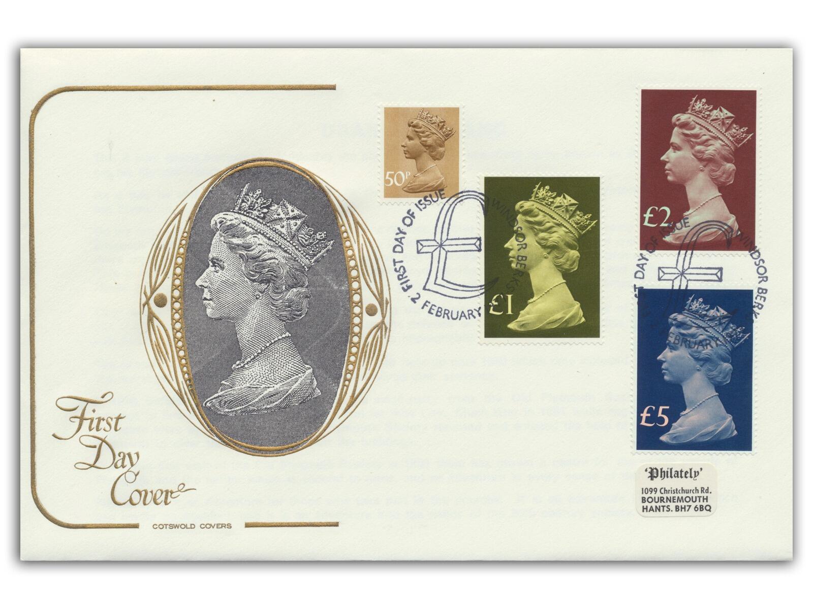 1977 50p, £1, £2, £5 High Values, Windsor special FDI, Cotswold