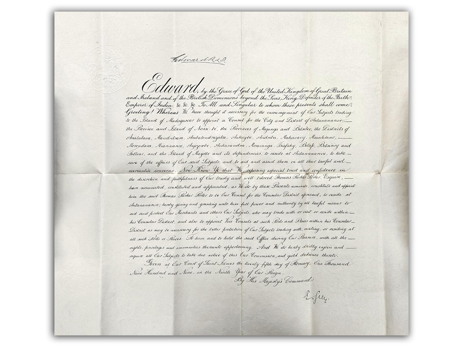 King Edward VII Signed | 1909 Consul Document