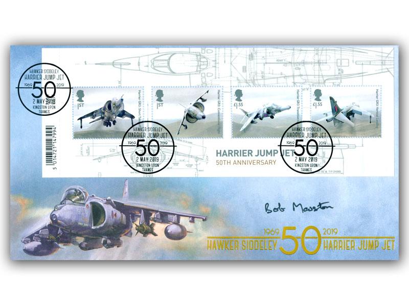 British Engineering-Harrier Jump Jet 50th Anniversary Barcode Miniature Sheet Signed Bob Marston