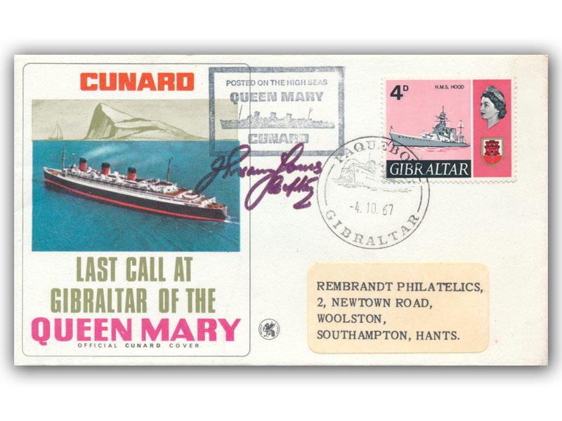John Treasure Jones signed 1967 RMS Queen Mary Last Call at Gibraltar