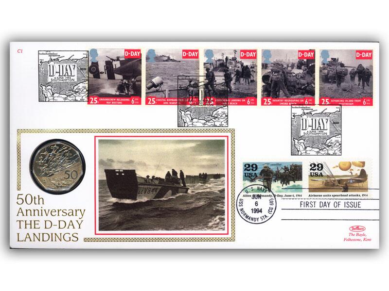 1994 D-Day coin cover, Southampton & US postmarks