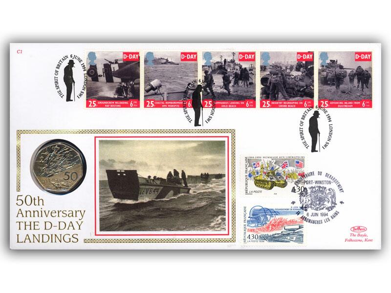 1994 D-Day coin cover, Churchill & Port Winston postmarks
