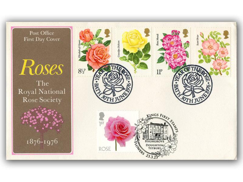 1976 Roses, doubled with 2023 Flowers Roses stamp