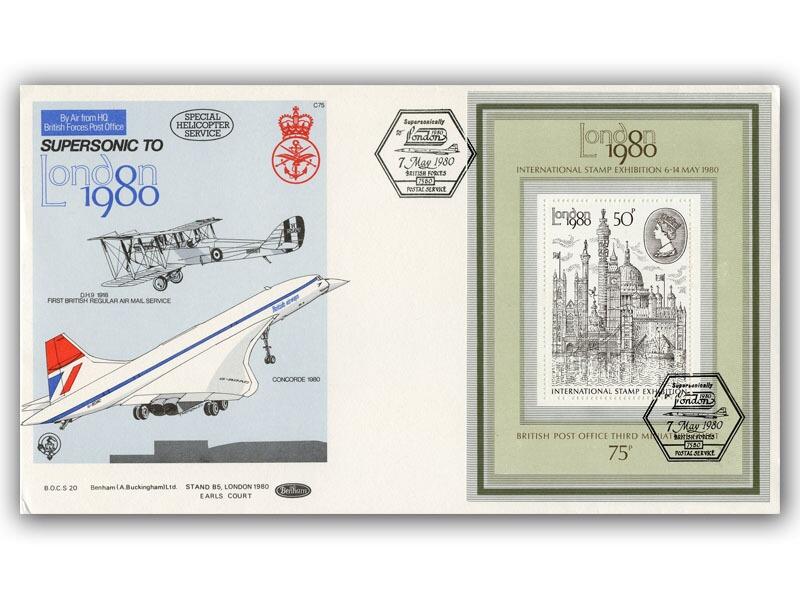 1980 London miniature sheet, supersonic to London 1980 cover, flown in Concorde