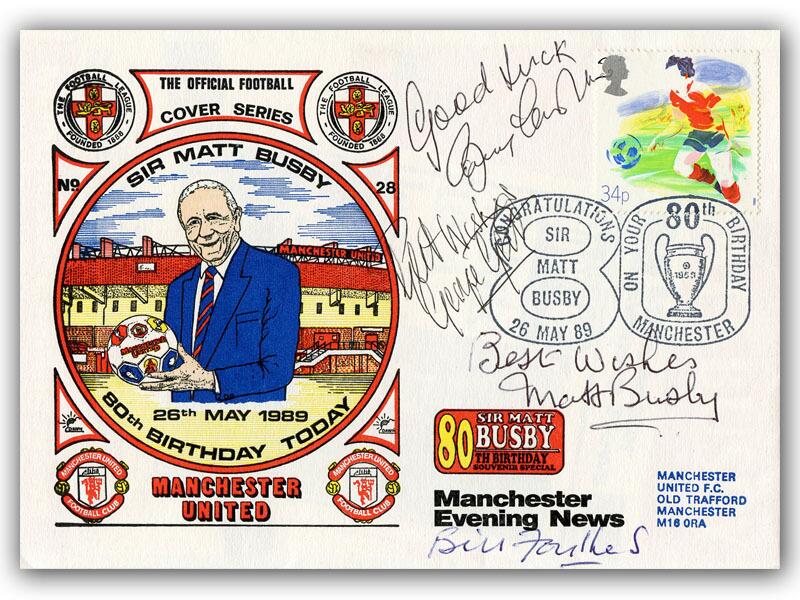 Matt Busby, George Best, Bobby Charlton & Bill Foulkes signed Busby 80th Birthday cover