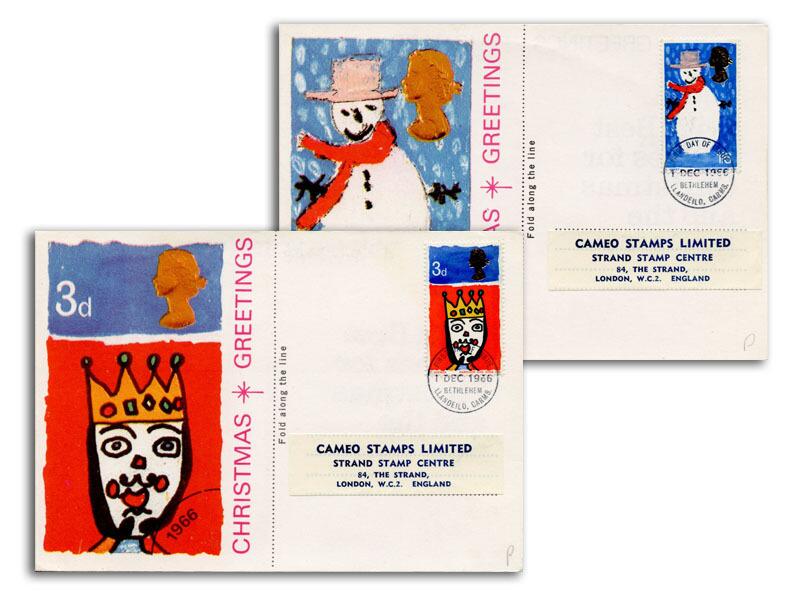 1966 Christmas, phosphor, Bethlehem FDI, Cameo postcards