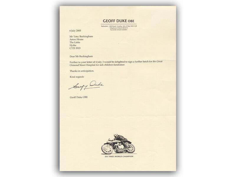 Geoff Duke signed, typed letter