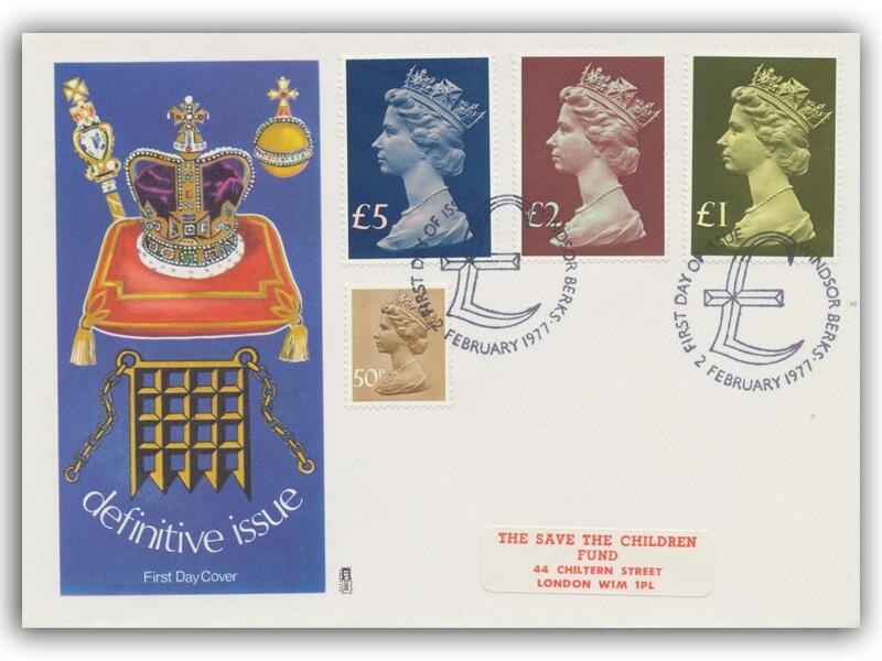 1977 50p, £1, £2, £5 High Values, Windsor special FDI, Philart