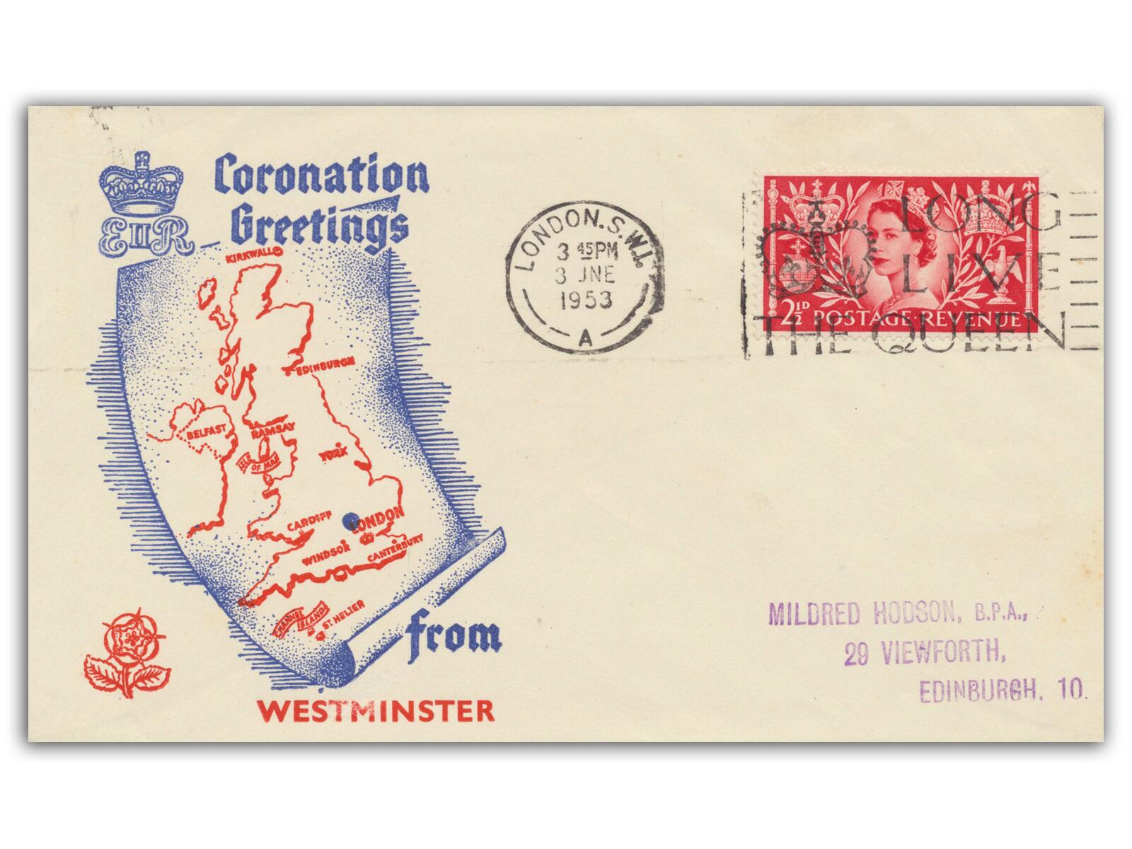 1953 Coronation, London Postmark, Clyde Sarzin cover