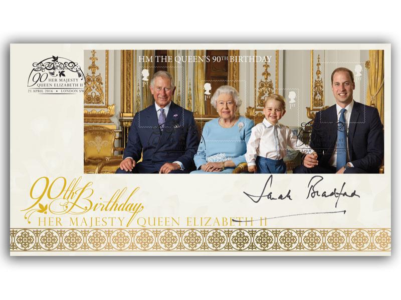 2016 HM The Queens 90th Birthday Miniature Sheet Cover, signed by Sarah Bradford