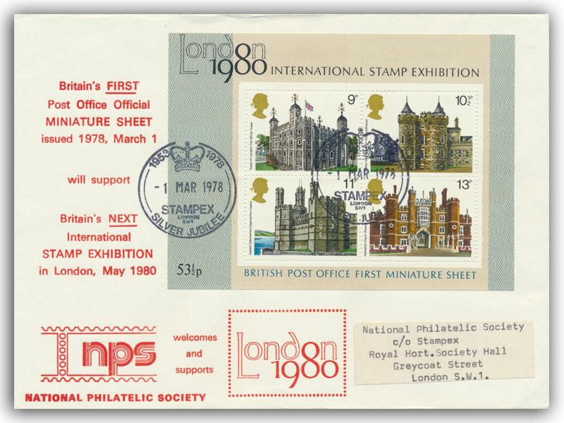 1978 Historic Buildings miniature sheet, Stampex Official, red printing
