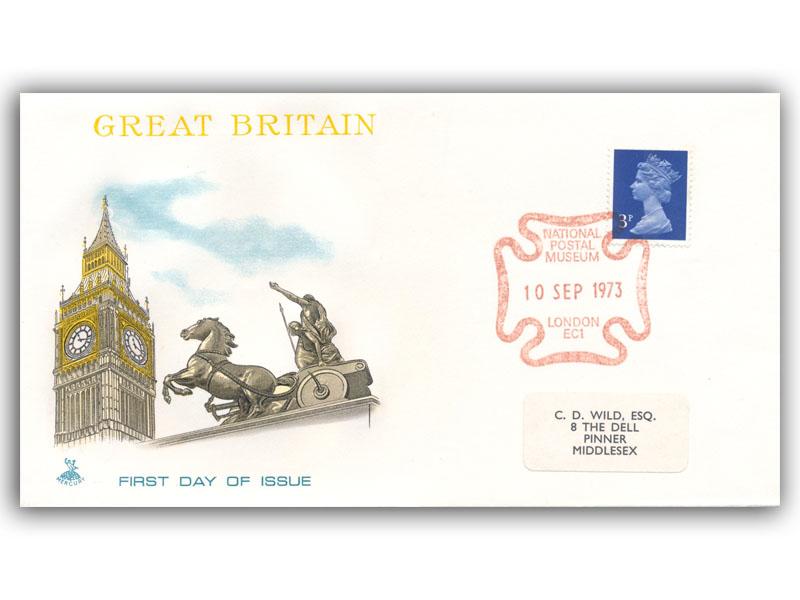 1973 3p Ultramarine, National Postal Museum postmark, Mercury cover, label address