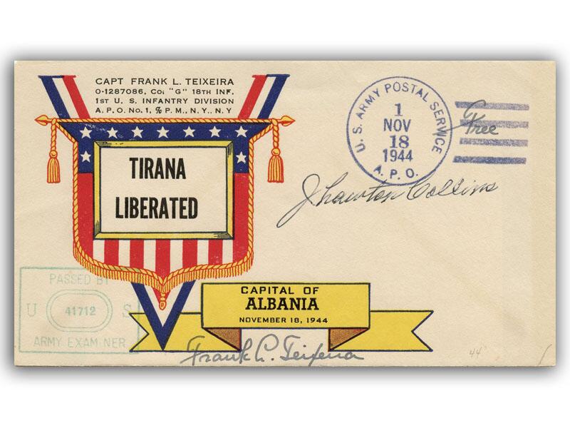 Joseph Lawton Collins, signed USA 1944 Tirana Liberation cover