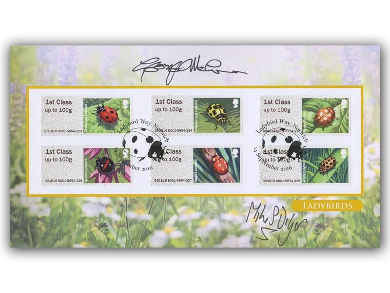 2016 Post & Go British Ladybirds, machine stamps, signed George McGavin and Mike Dilger