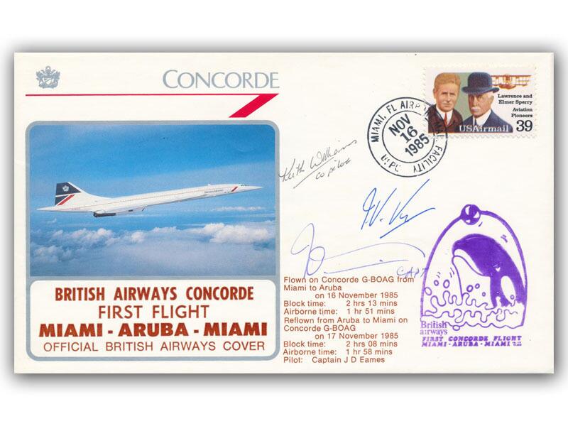 1985 BA Concorde Miami - Aruba - Miami crew signed flown cover