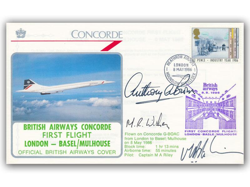 1986 BA Concorde London - Basel Mulhouse crew signed flown cover