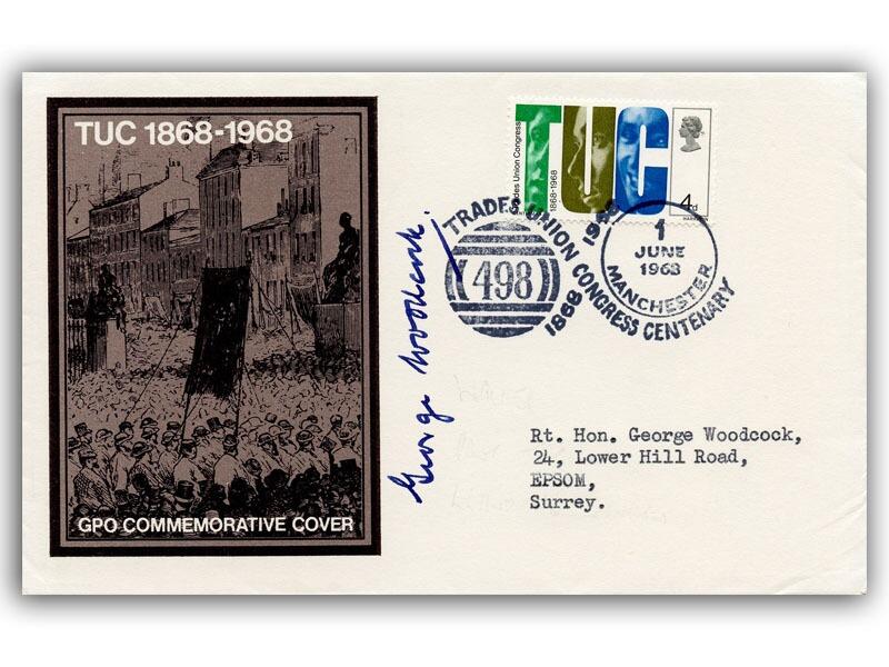George Woodcock signed TUC Centenary single stamp cover