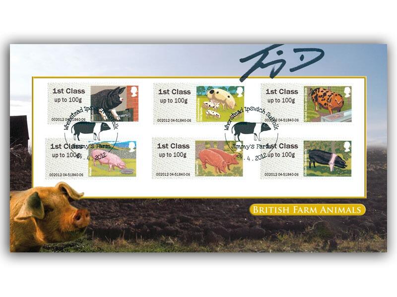 Post & Go British Farm Animals - Pigs Bureau Stamps Cover Signed Jimmy Doherty